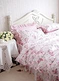 Shabby Chic Pretty Pink Roses Cotton 4pc Queen Bedding Duvet Cover Set
