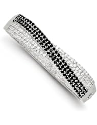 Sterling Silver Solid Black and Clear CZ Fancy Hinged Bracelet Bangle