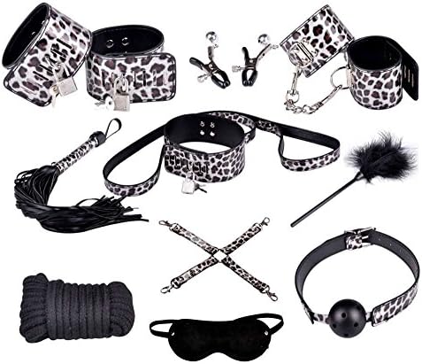 12 Pcs White Leopard Bondage Kit Fetish Set For Lovers Set Cuffs Gag Whip Chains -