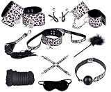 12 Pcs White Leopard Bondage Kit Fetish Set For Lovers Set Cuffs Gag Whip Chains -