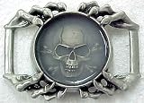 Heavy Pewter Gray Skull / Skeleton Hands Belt Buckle