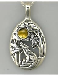 A Stunning Sterling Silver Howling Wolf Howling Pendant Accented with a Genuine Citrine
