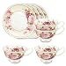 Gracie Bone China 8-Ounce Tea Cup and Saucer, Pink Peony Strawberry, Set of 4