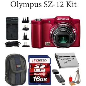 Olympus SZ-12 14MP 4.5 - 108mm 24x Optical Zoom 4x Digital Zoom (Red) + Deluxe Padded Case + Spare Battery + 16GB Memory Card + Card Reader + Cleaning kit + Mini Tripod + International Travel Charger with 4 Plugs and A Car Charger
