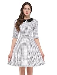 Vintage Polka Dot Print Elbow Length Sleeves Cotton Knee Length  Dress