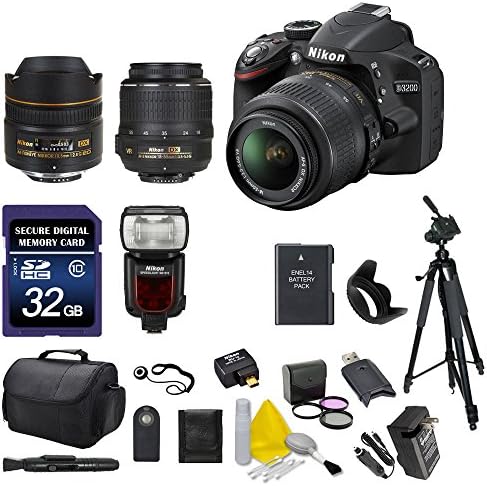 Nikon D3200 DSLR Camera with 18-55mm Lens (25492), Nikon AF DX Fisheye Nikkor 10.5mm f/2.8G ED Lens, 32GB High Speed Memory Card, Nikon SB-910 AF Speedlight (4809), Nikon WU-1a Wireless Mobile Adapter, Deluxe SLR Camera Bag, Additional Camera Battery, Additional Battery Charger, 59" Full Length Tripod, 52mm Lens Hood, 52mm 3pc Filter Kit (UV, CPL, FLD), USB Memory Card Reader, Remote Control, Memory Card Wallet, Lens Pen Cleaner, 5pc Lens Cleaning Kit, and Cap Keeper.