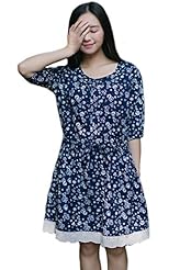 Cotton/Linen Elbow Length Sleeves Vintage Midi Dress 