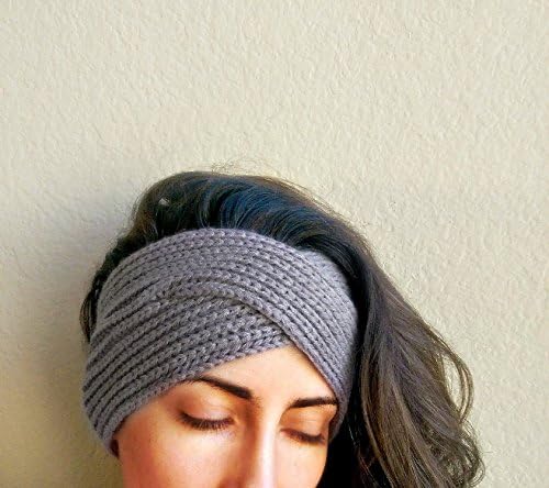 Knit Twist Headband in Beige. A Thick, Knitted Ear Warmer in a Neutral Gray Color.