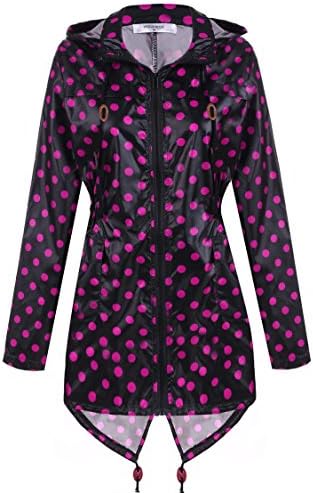 Mea Women's Long Dot Waterproof Raincoat Rainwear Rain Jacket Black and Rose Red M