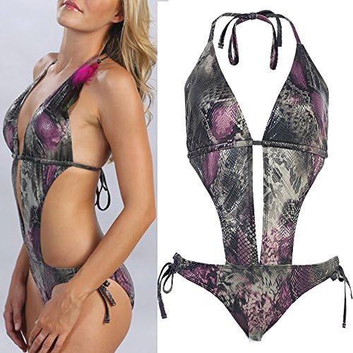 One Piece Monokini Plunge Animal Print Swimsuit (Small, Snake Purple)