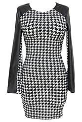 Stretchy Polyester/Spandex Houndstooth Print Round Neck Elbow Length Sleeves Sheath Above the Knee  Dress