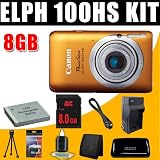 Canon PowerShot ELPH 100 HS 12 MP CMOS Digital Camera with 4X Optical Zoom (Orange) NB4L Battery/Charger 8GB DavisMAX HDMI Bundle
