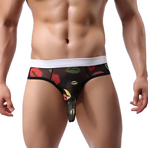 Men's Sexy See-through Mesh Underwear Pouch Briefs Thongs G-string (Small, Black Lipstick)