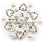 Rhodium Plated Faux Pearl Crystal Snowflake Brooch