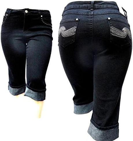 D&B PLUS SIZE WOMEN'S Stretch premium BLACK denim jeans CAPRI HIGH WAIST