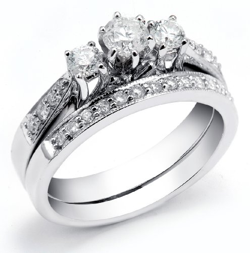 14k White Gold Round Diamond Ladies Bridal Ring Set (1.00 cttw, H-I Color, I1 Clarity)