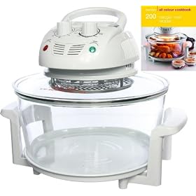 Designer Habitat 12 Litre Premium 1400w Halogen Oven Cooker complete with Extender Ring (to 17 Litre), Lid Holder, Steamer, Frying Pan, Skewers, Low Rack, High Rack, Glove plus FREE 200 page ALL COLOUR Recipe book by Hamlyn RRP �4.99