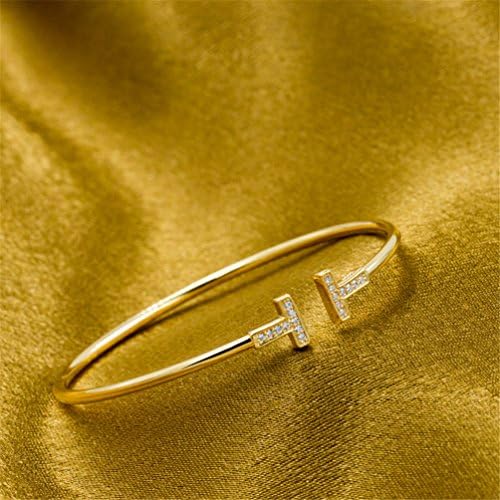 Hello Honey T Bracelet - Thin Band Double T Bangle CZ Stainless Steel-Skinny Open Cuff Narrow Bangle (Yellow gold)