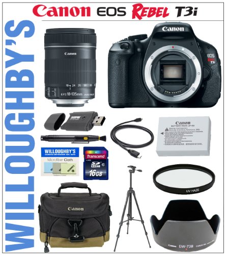Click To Canon EOS Rebel T3i 18 MP CMOS Digital SLR Camera with Canon EF-S 18-135mm f/3.5-5.6 IS Lens + Canon EW-73B Lens Hood + Canon LPE8 Spare Battery + 67mm Essential Pro DHD UV Filter + Transcend 16GB SDHC Class 10 Memory Card + Sunpak 6600DX Digital Tripod + Canon Deluxe Gadget Bag & Much More! Willoughby's Est. 1898 Photographic Specialty Bundle Details... Canon EOS Rebel T3i 18 MP CMOS Digital SLR Camera with Canon EF-S 18-135mm f/3.5-5.6 IS Lens + Canon EW-73B Lens Hood + Canon LPE8 Spare Battery + 67mm Essential Pro DHD UV Filter + Transcend 16GB SDHC Class 10 Memory Card + Sunpak 6600DX Digital Tripod + Canon Deluxe Gadget Bag & Much More! Willoughby's Est. 1898 Photographic Specialty Bundle