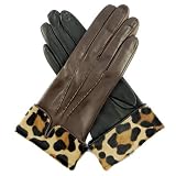 Women's Italian Silk Lined Lambskin Gloves with Leopard Print Horsehair Cuff By Fratelli Orsini