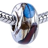  : Pandora Bead & Bracelet Fit - Pale Blue Deep Red Stain Silver Foil European Charm Beads