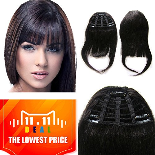 Clip on Bangs Real Human Hairpieces for Women (1# Jet Black)