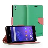 GMYLE(R) 財布ケースクラシックSony Xperia Z2 Sirius専用 - ミントグリーン & ピンク十字パターン PUレザースタンド手帳型ケースカバー（2カードスロットやマネーポケット付き）