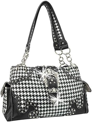 Rhinestone Buckle Studded Houndstooth Handbag