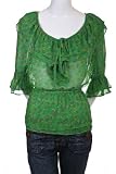 Poppy Garden Keyhole Tie Boat Neck Ruffle Peasant Boho Blouse Top Green