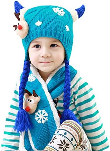 Losorn Infant Baby Hat Scarf Set Lovely Christmas Deer Winter Knit Warm Hat for 6-36 Month Toddler Girls Blue