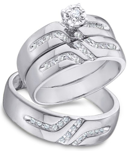 10k White and Yellow 2 Two Tone Gold Mens and Ladies Couple His & Hers Trio 3 Three Ring Bridal Matching Engagement Wedding Ring Band Set - Round Diamonds - Solitaire Center Setting (1/4 cttw) - SEE 