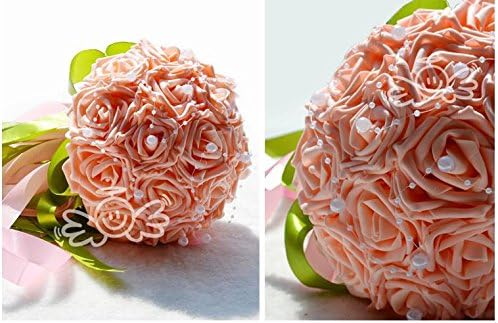 18pcs Artificial Roses with Pearls Chains Stain Ribbon Handle Bride Holding Flower Bouquet