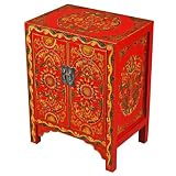 EXP Handmade Asian Furniture - 26" Red & Gold Tibetan Nightstand / Storage Cabinet With Lotus Motif