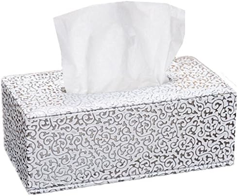 Suily Rectangular PU Leather Tissue Box Cover Silver Carved S