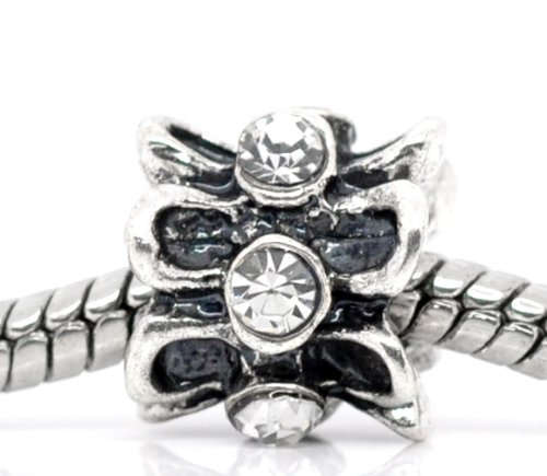 Believe Beads © x1 Antique Silver with Clear Stones Charm Bead, will fit Pandora/Troll/Chamilia Style Charm Bracelets, slide on slide off charm bead.