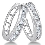 14K White Gold Channel Invisible Set Round Diamond Classic Round Hoop Earrings - (1/4 cttw)