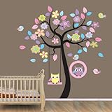 WallStickersUSA Wall Sticker Decal, Beautiful Tree with Hanging Owls Pink Flowers, X-Large