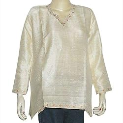 Lady Cream Shirt Silk Long Sleeve Top Blouse Embroidery Size L (tps002)