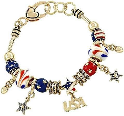 Patriotic Charm Bracelet BK Murano Glass USA America Red White Blue Gold Tone