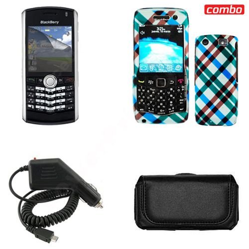 Blackberry pearl 9100 Combo Blue Plaid Protective Case Faceplate Cover + LCD Screen Protector + Rapid Car Charger + Black Horizontal Leather Pouch for Blackberry pearl 9100