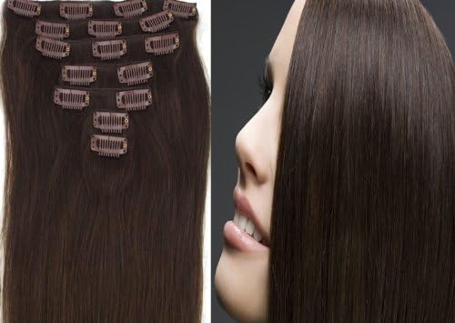CLIP IN REMY REAL HUMAN HAIR EXTENSIONS 7PCS 15 Inch 70g color 2-darkest brown