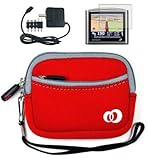 GPS Home Wall Charger + Garmin Nuvi 255W 850 765T 780 1350 Neoprene Carrying Case for Garmin 4.3 inch GPS + Screen Protector (Many Colors) (Red)