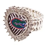 Bling Bling, Collegiate Jewely, Silver Toned Stretch Band Ring with Crystal Rhinestones Surrounding the Heart Shaped University of Florida Gators Logo with a Zebra Stripe Background
