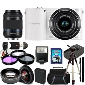 Samsung NX1000 Mirrorless Wi-Fi Digital Camera (White) Kit with 20-50mm Lens & Samsung 50-200mm f/4.0-5.6 ED OIS II Lens. Includes 0.45X Wide Angle Lens, 2X Telephoto Lens, 3 Piece Filter Kit (UV-CPL-FLD), 16GB Memory Card & Much More!