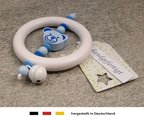 Baby Greifling Rassel Beißring | Holz Lernspielzeug als Geschenk zur Geburt & Taufe | Jungen Motiv Bärchen groß in blau