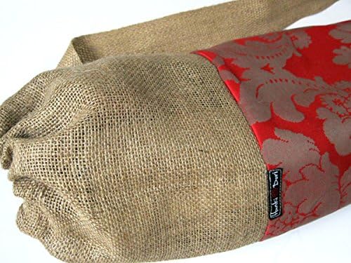 Yoga Mat Bag Carrier - Luxe Damask w/natural jute - inside pocket - drawstring - red jaquard gray damask