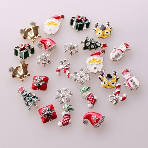 Nails Gaga 24pcs Christmas Colorful Alloy 3D Rhinestone Fake Diamond Crystal Nail Art Tips Slice Decoration Santa Claus Frost Socks Snowman Rings Deers