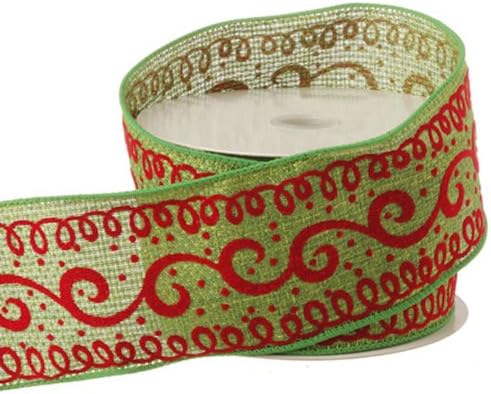 Flocked Red & Green Swirl Christmas Wired Ribbon, 2.5 Inch Wide X 10 Yards