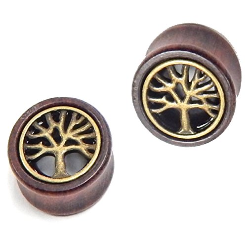 bOdfx Exclusive Ear Stretching Plugs. 1 Pair. Organic Wood Tunnels with Tree of Life Inlay Ear Gauges