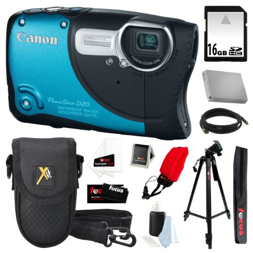 Canon PowerShot D20 12.1MP Waterproof Digital Camera with 5x Zoom and GPS Tracking in Blue + 16GB SDHC + Replacement NB-6L Battery Pack + Mini HDMI Cable + Float Wrist Strap + Camera Case + Accessory Kit On Sale